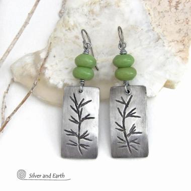 These handcrafted silver pewter earrings have a hand stamped twig design accented with natural green serpentine gemstones. Lightweight and comfortable to wear - they have a modern, earthy style and will make a great gift for a nature lover. Handmade in the USA by Silver and Earth Jewelry.