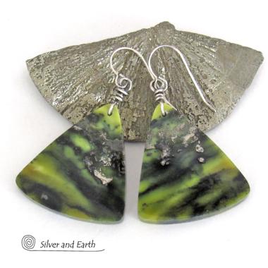 Green Serpentine Gemstone Earrings - One of a Kind Earthy Natural Stone Jewelry