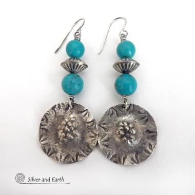 Textured Sterling Silver Earrings with Turquoise Stones and Sterling Silver Beads - Southwestern Style Jewelry