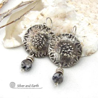 Textured Sterling Silver Earrings with Granite Agate Gemstones - Artisan Handcrafted Bold Contemporary Modern Jewelry