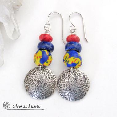 Sterling Silver Earrings with Blue Lapis, Red Coral & Bright Colorful African Glass Beads