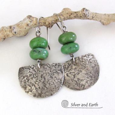 Rustic Hammered Sterling Silver Earrings with Earthy Natural Green Serpentine Stones 