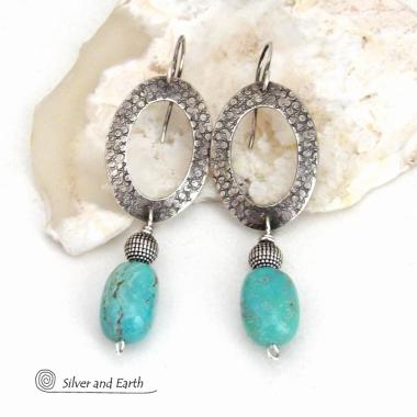 Hand Stamped Sterling Silver Oval Hoop Dangle Earrings with Natural Turquoise Stones