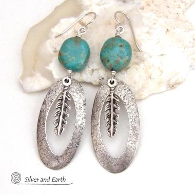 Sterling Silver Long Hoop Dangle Earrings with Turquoise Stones and Feathers - Southwest Style Jewelry