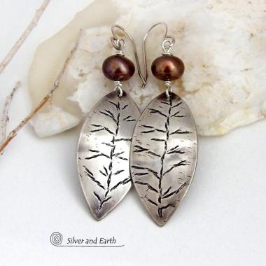 Sterling Silver Leaf Earrings with Bronze Freshwater Pearls - Earthy Modern Nature Jewelry