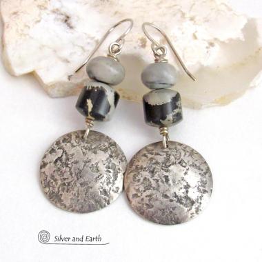 Rustic Hammered Sterling Silver Earrings with Black and Gray Jasper Stones