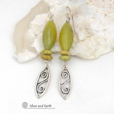 Sterling Silver Leaf Dangle Earrings with Green Serpentine Gemstones - Modern Earthy Nature Jewelry