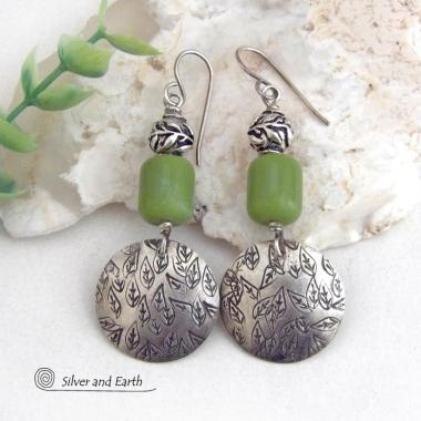 Hand Stamped Sterling Silver Leaf Earrings with Green Serpentine Stones - Nature Jewelry Gifts for Women