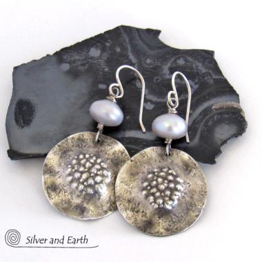 Sterling Silver Earrings with Silver Freshwater Pearls - Artisan Handmade Modern Earthy Organic Sterling Jewelry