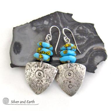 Sterling Silver Tribal Shield Earrings with African Blue Glass Beads - Ethnic African Boho Tribal Handmade Artisan Jewelry