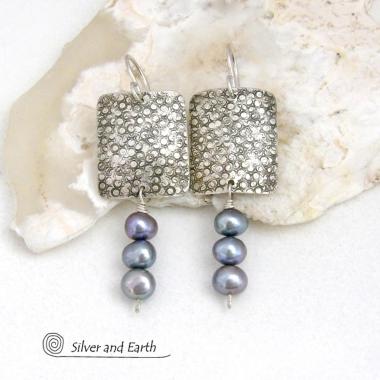 Small Sterling Silver Earrings with Dangling Blue Freshwater Pearls