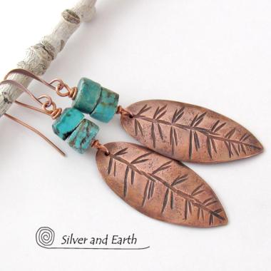 Natural Turquoise & Copper Feather Earrings - Earthy Rustic Southwest Style Jewelry