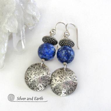 Round Textured Sterling Silver Dangle Earrings with Faceted Blue Lapis Lazuli Gemstones 