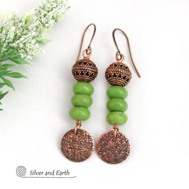 Textured Copper Dangle Earrings with Green Serpentine Gemstones and Filigree Beads - Earthy Modern Boho Chic Artisan Handmade Jewelry