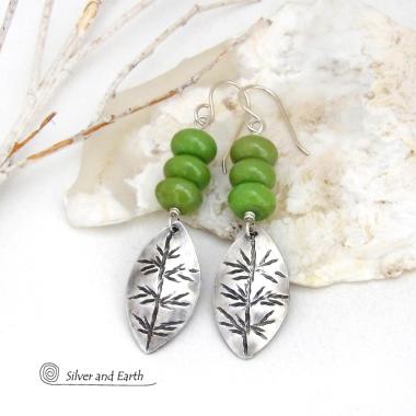 Small Sterling Silver Leaf Earrings with Green Serpentine Gemstones - Jewelry Gifts for Nature Lovers