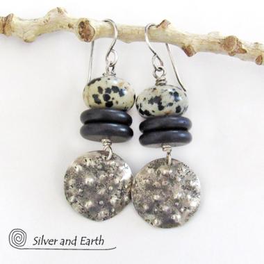 Sterling Silver Dangle Earrings with Natural Dalmatian Jasper Stones - Rustic Earthy Silver & Stone Jewelry