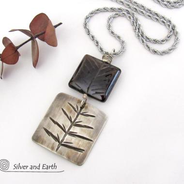 Smoky Quartz Sterling Silver Pendant Necklace with Hand Stamped Twig Pattern - Earthy Nature Jewelry