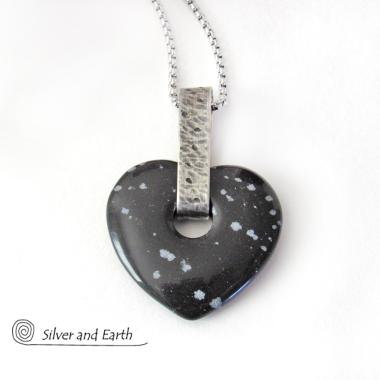 Snowflake Obsidian Heart Shaped Stone Necklace - Romantic Jewelry