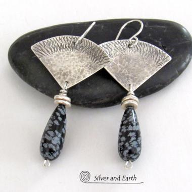 Modern Sterling Silver Earrings with Natural Snowflake Obsidian Gemstone Dangles 