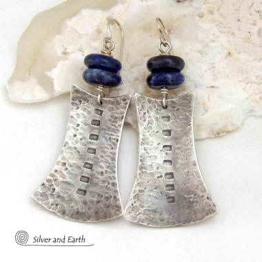 Textured Sterling Silver Earrings with Blue Sodalite Gemstones - Bold Tribal Style Jewelry