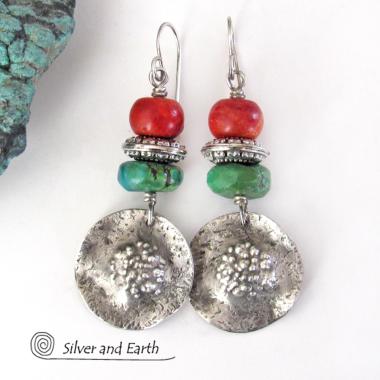 Sterling Silver Turquoise and Red Coral Earrings - Boho Chic Southwest Style Jewelry