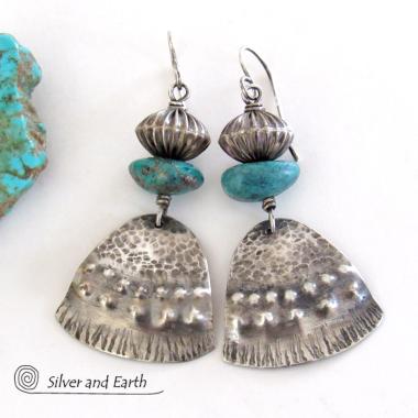 Textured Sterling Silver & Turquoise Earrings - Unique Handcrafted Southwest Style Jewelry