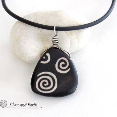 Black and White Ceramic Spiral Necklace with Sterling Silver Bail 