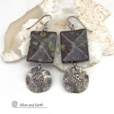 Textured Sterling Silver Earrings with Green Black Spotted Jasper Stones - Artisan Handcrafted Earthy Natural Stone Jewelry
