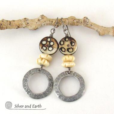 Hand Stamped Pewter Circle Hoop Earrings with African Bone Beads - Ethnic African Boho Tribal Jewelry