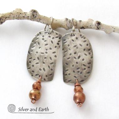 Hand Stamped Sterling Silver Earrings with Copper Beads - Rustic Modern Mixed Metal Jewelry