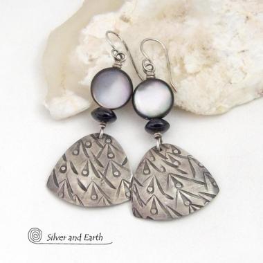 Sterling Silver Earrings with Black Lip Mother of Pearl and Black Onyx Stones