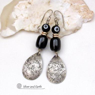 Sterling Silver Teardrop Dangle Earrings with Black Onyx Stones and Black & White Dotted Glass Beads