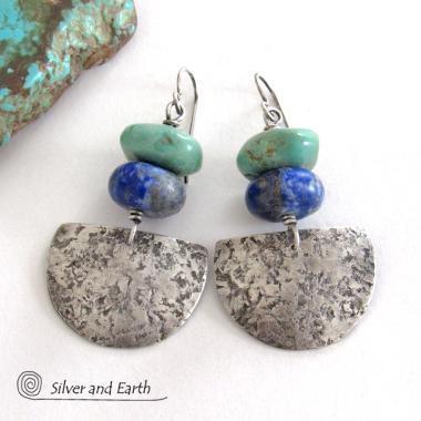 Sterling Silver Earrings with Chunky Natural Turquoise & Blue Lapis Stones - Handcrafted Modern Southwest Style Jewelry