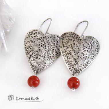 Sterling Silver Heart Earrings with Red Jasper Stone Dangles - Romantic Jewelry Gifts for Women