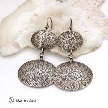 Textured Oxidized Sterling Silver Double Dangle Earrings - Rustic Organic Modern Silver Jewelry