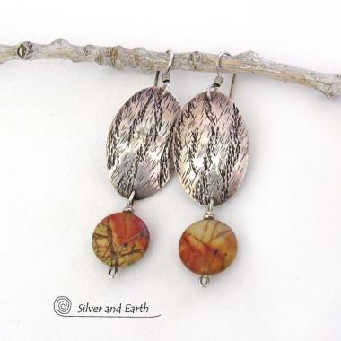 Textured Sterling Silver Oval Dangle Earrings with Dangling Red Creek Jasper Stones