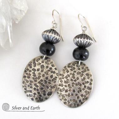 Tribal Sterling Silver Earrings with Black Beads - Earthy Rustic Silver Jewelry