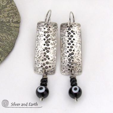 Hammered Sterling Silver Earrings with Black Onyx Stones & Glass Beads - Unique Handmade Modern Silver Jewelry