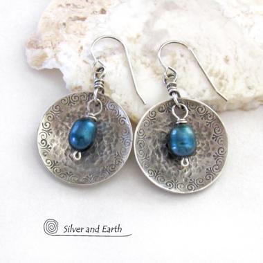 Sterling Silver Earrings with Blue Freshwater Pearls -  Elegant Modern Artisan Handcrafted Sterling Jewelry - June Birthstone Gift