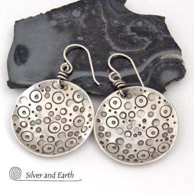 Sterling Silver Circle Earrings with Unique Hand Stamped Texture - Artisan Handcrafted Bold Artsy Modern Silver Jewelry