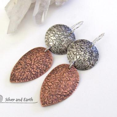Textured Sterling Silver & Copper Mixed Metal Earrings - Contemporary Modern Jewelry