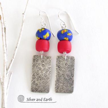 Boho Tribal Sterling Silver Earrings with Colorful African Glass Beads 