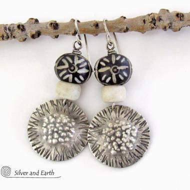 Textured Sterling Silver Earrings with African Carved Black Bone Beads - Bold Ethnic Tribal Style Jewelry