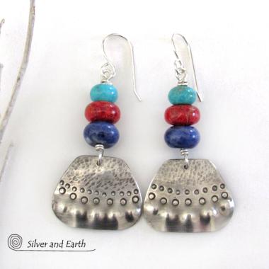 Sterling Silver Earrings with Turquoise, Red Coral & Sodalite - Artisan Handcrafted Boho Tribal Jewelry