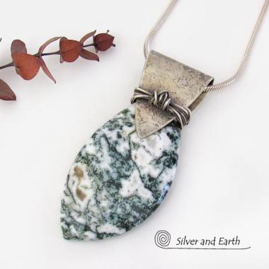 Green Tree Jasper Sterling Silver Necklace - Unique Natural Stone Jewelry