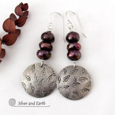 Sterling Silver Earrings with Hand Stamped Leaves & Dark Bronze Pearls - Earthy Nature Jewelry 