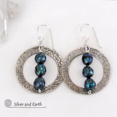 Sterling Silver Hoop Earrings with Faceted Blue Freshwater Pearls - Dressy Elegant Modern Silver Jewelry