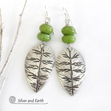 Sterling Silver Leaf Earrings with Green Serpentine Stones - Earthy Modern Nature Jewelry