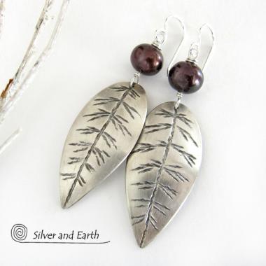 Sterling Silver Leaf Earrings with Bronze Pearls - Earthy Nature Jewelry