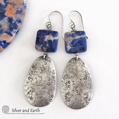 Textured Sterling Silver Earrings with Orange & Blue Sodalite Gemstones - Handcrafted Artisan Silver Jewelry